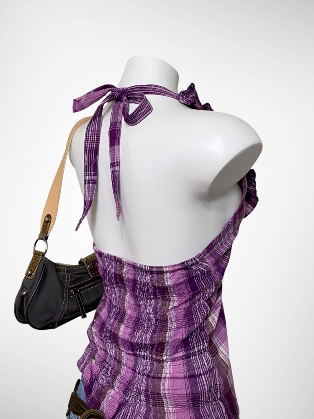 VTG Purple Plaid Ruffle Halter Top | Y2K McBling Smocked Back - Picture 5 of 7